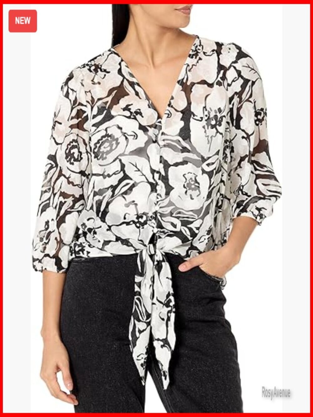 Printed V-Neck Long Sleeve Top With Tie Front Peasant Blouse